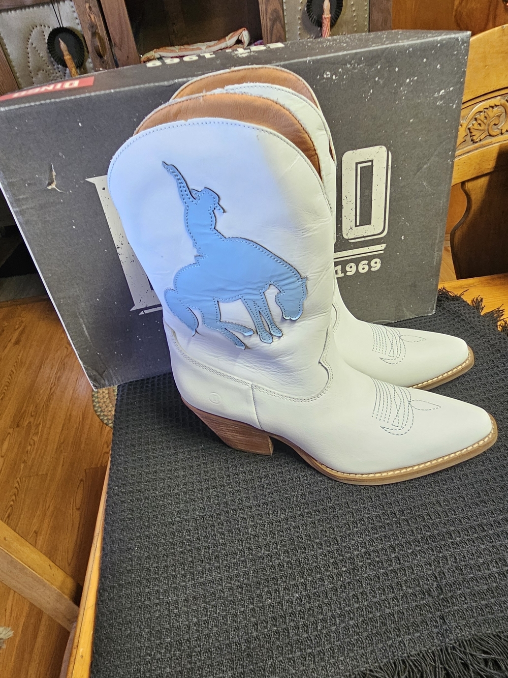 dingo White and Tan Western Heeled Boots with Blue Cowboy Rider Accent - Picture 1 of 5